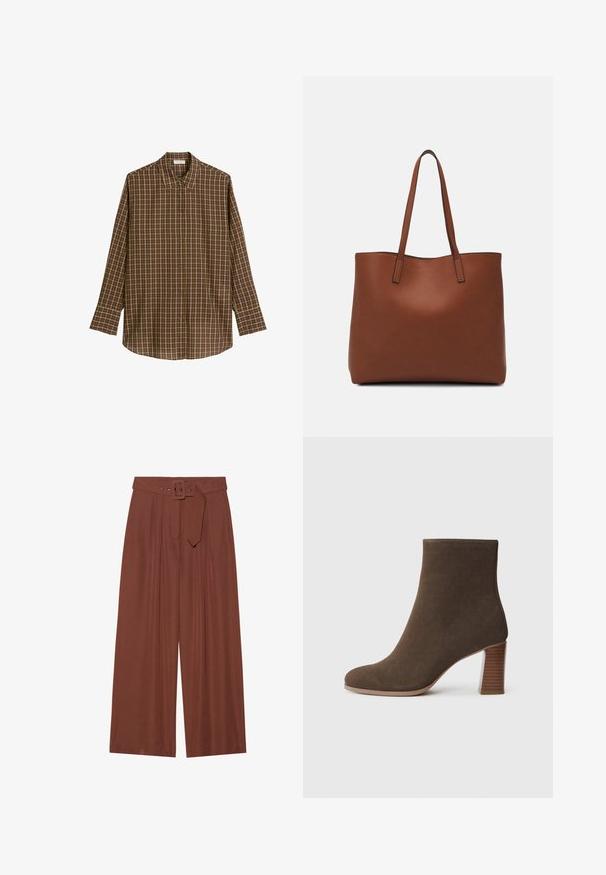 Brown plaid long-sleeve shirt made of soft fabric, featuring a classic collar, button front, and straight hem with a relaxed fit.; Wide-leg trousers in brown fabric, featuring a belt with a square buckle, pleated design, and smooth texture.; Brown suede ankle boot with a rounded toe and a stacked, textured heel. Smooth exterior without visible fastenings or embellishments.; Brown leather tote bag with a smooth texture, open top design, and two shoulder straps. Features minimal stitching and no visible hardware.