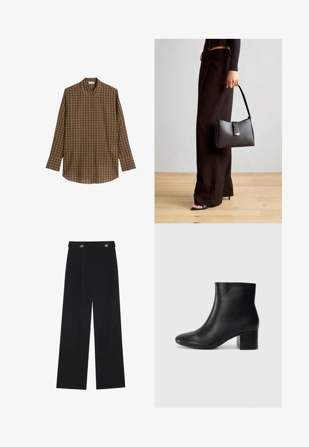 Hnedá károvaná košeľa s dlhým rukávom vyrobená z mäkkej látky, s klasickým golierom, predným zapínaním na gombíky a rovnou spodnou časťou v voľnom strihu.; Čierne široké nohavice s vysokým pásom, so zapínaním na gombíky na páse a prednými sklady.; Čierne kožené členkové čižmy s špicatou špičkou a hrubým podpätkom. Hladká textúra s minimálnymi akcentmi a elegantným, priliehavým dizajnom.; Čierna kabelka so štruktúrovaným tvarom, hladkou textúrou a kovovou sponou. V kombinácii so širokými čiernymi nohavicami a sandálmi s otvorenou špičkou na drevenej podlahe.