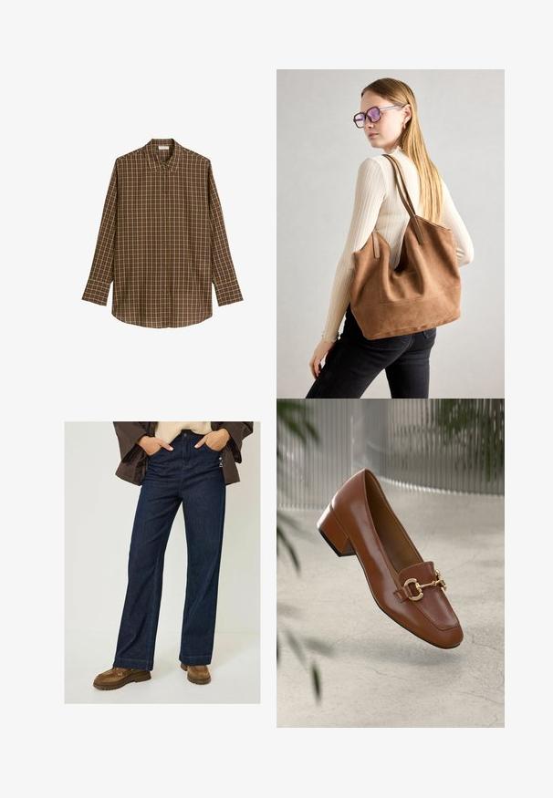 Brązowa koszula w kratę z długim rękawem, wykonana z miękkiego materiału, z klasycznym kołnierzykiem, zapięciem na guziki z przodu oraz prostym dołem o luźnym kroju.; Ciemnoniebieskie dżinsy o szerokich nogawkach, wykonane z denimu, z wysokim stanem, przednimi kieszeniami oraz subtelnym akcentem logo na pasku.; Brązowe lakierowane mokasyny z kwadratowym noskiem, metalowym łańcuszkiem i niskim blokowym obcasem; gładka faktura, minimalistyczny design.; Brązowa torebka typu tote wykonana z zamszu o miękkiej teksturze, z dużym otwarciem i długimi paskami. Charakteryzuje się prostym designem z widocznymi szwami i bez elementów metalowych.