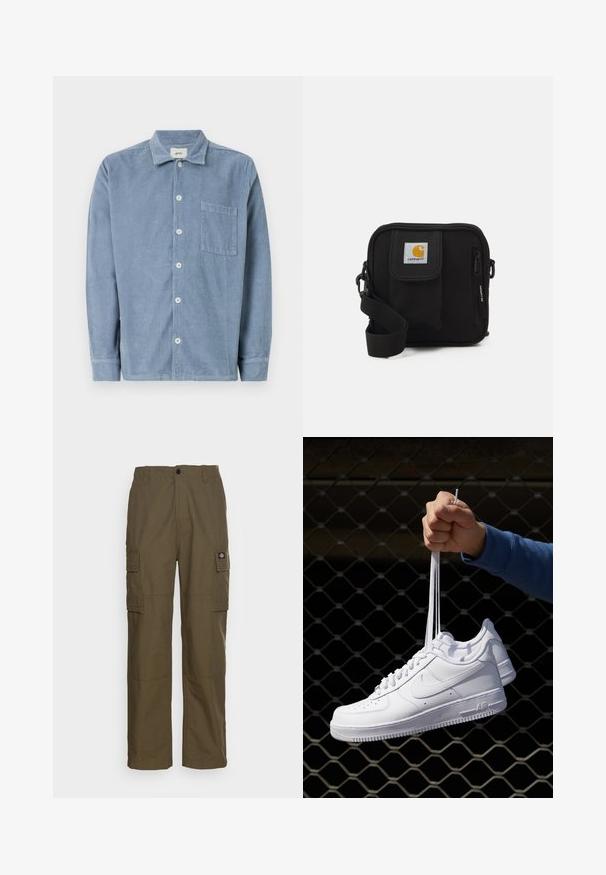 Mėlyna korduroy marška su mygtukų užsegimu priekyje, apykakle, viena krūtinės kišene ir ilgomis rankovėmis. Audinys turi vertikalias juosteles.; Balta medvilninė marškinė su trumpomis rankovėmis, apvaliu iškirpimu ir laisvu siluetu. Lygus paviršius be matomų raštų ar akcentų.; Olive žalios spalvos kelnių kelnaitės, pagamintos iš patvarios medžiagos. Yra dvi šoninės kišenės, standartinė liemens linija ir tiesios kojų dizainas.; Balti odiniai sportiniai bateliai su perforacijomis, apvalia nosimi, plokščiu padu ir storomis raištelėmis, su matomu swoosh logotipu ir "AIR" ant kulno.; Juoda petnešų rankinė su užtrauktuku pagrindiniame skyriuje, priekinė kišenė, reguliuojama juostele ir matoma logotipo etikete ant uždaromo dangtelio.