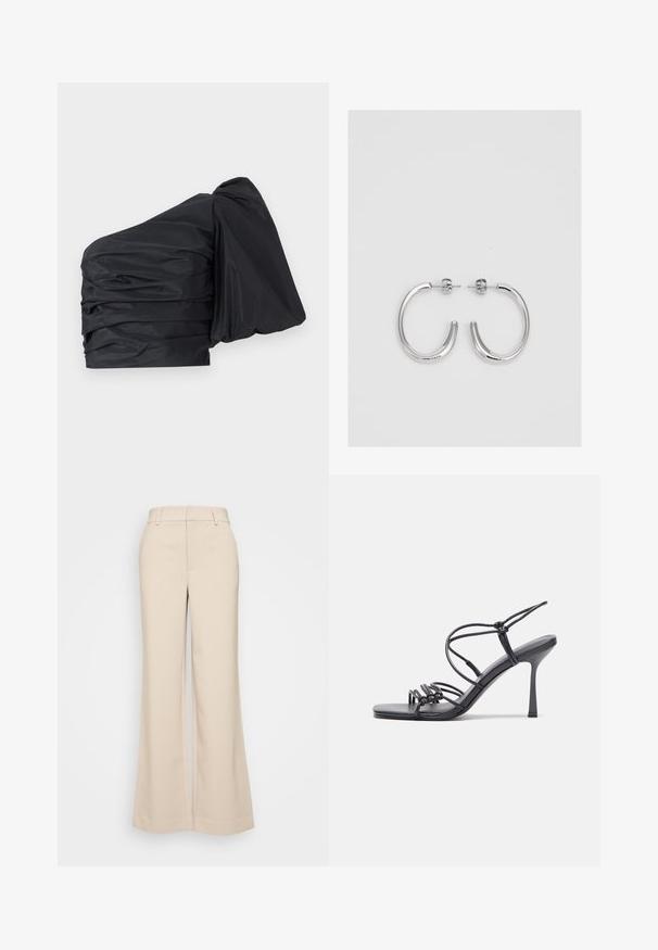 Top nero a spalla unica con tessuto arricciato, caratterizzato da un design strutturato e una finitura testurizzata. Materiale morbido e leggero con un aspetto liscio.; Pantaloni beige a gamba larga con una texture liscia, caratterizzati da una vita alta e due tasche frontali. Design pulito con una vestibilità sartoriale.; Sandali neri con tacco alto presentano sottili cinturini con design annodato, una punta quadrata liscia e un elegante tacco a spillo.; Orecchini a cerchio in argento con una finitura liscia e lucente. Forma arrotondata, design leggero, con chiusura a perno.