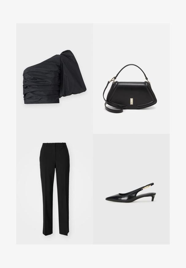 Black one-shoulder top with gathered fabric, featuring a structured design and textured finish. Soft, lightweight material with a smooth appearance.; Black tailored trousers with a straight-leg design, featuring a smooth texture and crisp creases along the front. No visible hardware.; Black leather slingback heels with a pointed toe, featuring a slim heel and a gold-tone accent on the adjustable strap. Smooth texture.; Black leather handbag with a structured design, featuring a cropped shape, top handle, and gold hardware accent. Adjustable shoulder strap included.