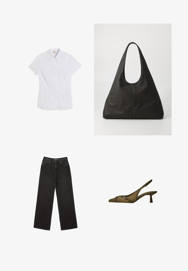 Hvid kortærmet skjorte med knaplukning og en skarp krave, lavet af glat stof. Har en tætsiddende pasform og seks klare knapper ned ad forsiden.; Sorte brede jeans lavet af denim, med små prikkede mønstre, klassisk fem-lomme design og en knap- og lynlåslukning.; Oliven grøn ruskinds slingback hæl med spids tå, justerbar strop og sølv spænde detaljer; lav, flared hæl for stabilitet.; Sort læder tote bag med et buet håndtag, forlænget trekantet form og glat tekstur. Har et minimalistisk design uden synligt hardware.