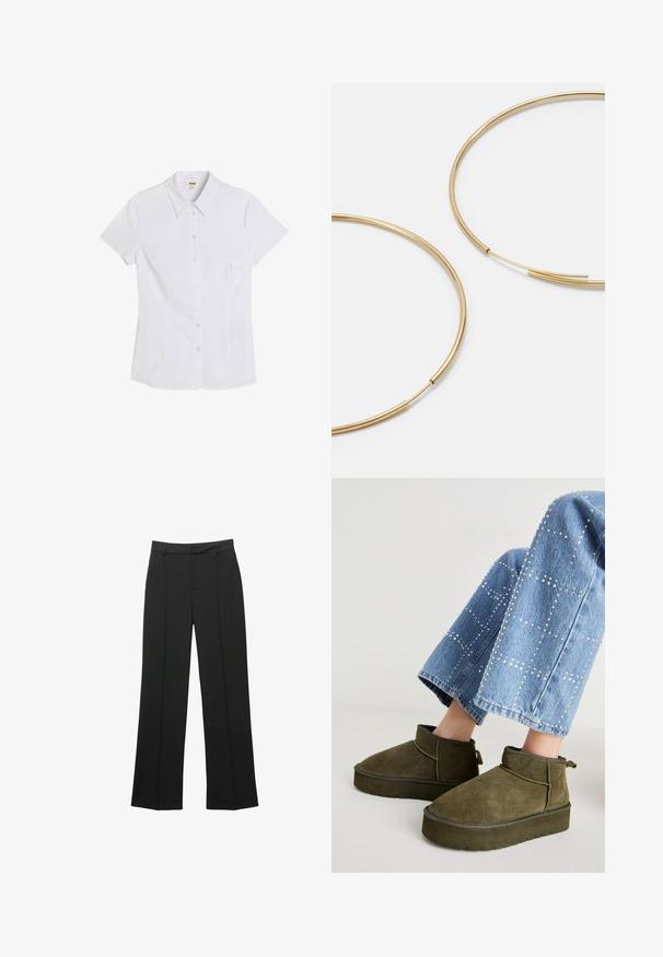 Witte kortemouwen overhemden met een strakke kraag, gemaakt van soepel materiaal. Heeft een getailleerde pasvorm en zes doorzichtige knopen aan de voorkant.; Zwarte rechte broek gemaakt van een gladde stof, met een platte voorkant, broekriemlussen en zonder zichtbare zakken, met een getailleerde pasvorm.; Olijfgroene suède enkellaarsjes met een dikke, gestructureerde zool en een trekband. Gecombineerd met lichtblauwe, versierde spijkerbroek.; Gouden oorringen, dun en rond van vorm, met een gladde metallic afwerking en zonder versieringen of patronen.; Zwarte leren portemonnee met een opklapbare flap, gouden hardware en een logo-accent. Inclusief een afneembare strap voor het dragen.
