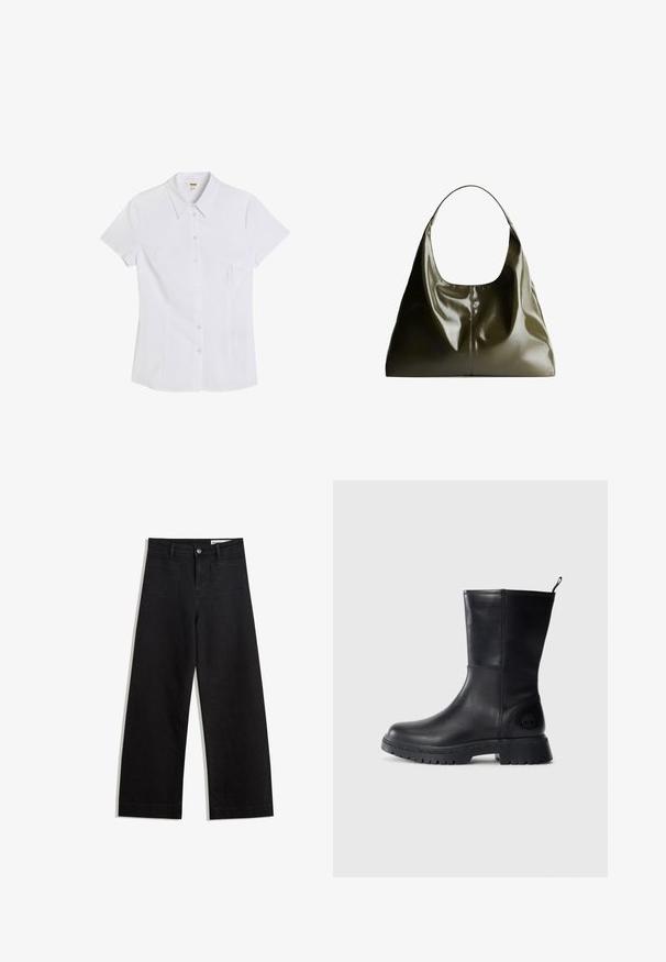 Hvid kortærmet skjorte med knaplukning og en skarp krave, lavet af glat stof. Har en tætsiddende pasform og seks klare knapper ned ad forsiden.; Sorte wide-leg denim bukser med høj talje, der har front- og baglommer, syede sømme og en knaplukning. Glat tekstur.; Sort læder ankelstøvle med en robust sål med mønster, glat overflade og et logo på siden. Har en trækflap for nem påtagning.; Olivengrøn, læder skuldertaske med en glat, blank finish. Har en afrundet top og blød, draperet form. Minimalistisk design.
