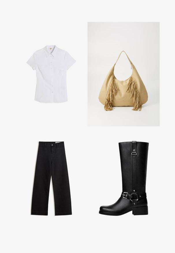 Witte kortemouwen overhemden met een strakke kraag, gemaakt van soepel materiaal. Heeft een getailleerde pasvorm en zes doorzichtige knopen aan de voorkant.; Zwarte denim broek met wijde pijpen en een hoge taille, voorzien van voor- en achterzakken, gestikte naden en een knoopsluiting. Gladde textuur.; Hoge zwarte neplederen laarzen met een ronde neus, accentriem met gespsleutel en een brede hak. Glad textuur en verticale naad op de schacht.; Tan suède schoudertas met een grote opening en lange franjes aan beide zijden, met een gladde textuur en een enkele handgreep.