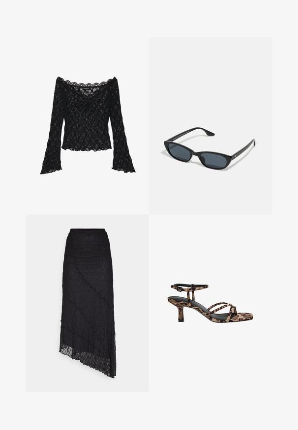 Schwarzes Spitzenoberteil mit schulterfreier Ausschnittlinie, langen Glockenärmeln und gewellten Kanten. Texturiertes florales Muster im gesamten Design.; Zwei Baumwoll-Crop-Tops in Weiß und Schwarz. Jedes hat einen tiefen Ausschnitt und dünne Träger und verfügt über eine glatte, weiche Textur.; ONLY ONLKIM LACE SKIRT - Maxirock - black; Leopardenmuster Absatzsandalen mit Quadratzehen, mehreren Riemen und einem mittelhohen Absatz. Hergestellt aus weichem Textilmaterial.; Schwarze Cat-Eye-Sonnenbrille mit dunklen Gläsern, Kunststoffrahmen, schlanken Bügeln und dezentem Branding an der inneren Seite des Bügels. Matte Oberflächenstruktur.