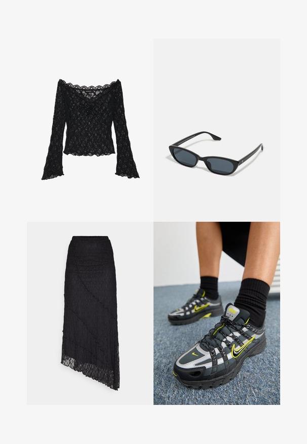 Schwarzes Spitzenoberteil mit schulterfreier Ausschnittlinie, langen Glockenärmeln und gewellten Kanten. Texturiertes florales Muster im gesamten Design.; Zwei Baumwoll-Crop-Tops in Weiß und Schwarz. Jedes hat einen tiefen Ausschnitt und dünne Träger und verfügt über eine glatte, weiche Textur.; ONLY ONLKIM LACE SKIRT - Maxirock - black; Schwarze und graue Sportschuhe mit reflektierenden silbernen Akzenten, strukturierten Mesh-Panels und leuchtend gelben Details. Schnürdesign mit strukturierter Sohle.; Schwarze Cat-Eye-Sonnenbrille mit dunklen Gläsern, Kunststoffrahmen, schlanken Bügeln und dezentem Branding an der inneren Seite des Bügels. Matte Oberflächenstruktur.