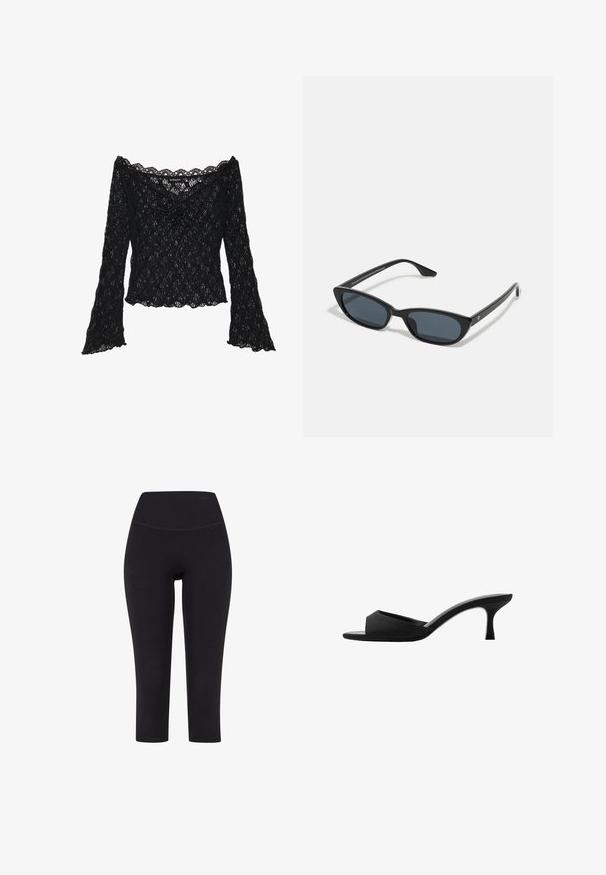 Schwarzes Spitzenoberteil mit schulterfreier Ausschnittlinie, langen Glockenärmeln und gewellten Kanten. Texturiertes florales Muster im gesamten Design.; Schwarze 3/4-Leggings aus dehnbarem Material mit hohem Taillenbund und ohne sichtbare Muster oder Hardware.; Schwarze Absatzmules mit einer breiten, offenen Zehenpartie und einem geschwungenen Oberteil. Hergestellt aus strukturiertem Stoff, mit einem schlanken Absatz und einer glatten Sohle.; Schwarze Cat-Eye-Sonnenbrille mit dunklen Gläsern, Kunststoffrahmen, schlanken Bügeln und dezentem Branding an der inneren Seite des Bügels. Matte Oberflächenstruktur.