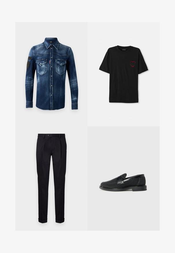 Tume sinine denimpusa pikkade varrukatega, nööpidega ees, kahe rinna taskuga ja kulunud detailidega, millel on mustad laigud vasakul varrukal.; Must t-särk lühikeste varrukatega, musta värvi, vasakul rinnal punase tikandiga südamekujuga. Klassikaline ümar kaelus, lõdvestunud lõige.; Kohandatud mustad püksid siledast kangast, millel on lame eesmine osa, kaks eesmist voldikut ja mansetid puusade juures puhta ning struktureeritud välimuse saavutamiseks.; Must musta kootud slip-on king, millel on pehme nahast accent ülaserval, ümmargune varvas ja madal profiiliga kummitald.