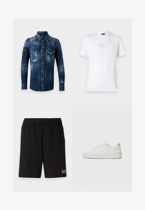Dunkelblaues Denim-Hemd mit langen Ärmeln, Knopfleiste, zwei Taschen mit Klappen auf der Brust und abgegriffenen Details, mit schwarzen Patches auf dem linken Ärmel.; Weißes Baumwoll-T-Shirt mit Rundhalsausschnitt und kurzen Ärmeln, mit einem goldenen EA7 Emporio Armani-Logo auf der Vorderseite.; Schwarze Sportshorts aus weichem Material, mit einem elastischen Bund und einem kleinen gelben EA7-Logo am unteren linken Bein.; Weiße Ledersneaker mit glatter Oberfläche, runder Zehenpartie, flachen Schnürsenkeln und strukturiertem Sohlenprofil. Mit einem dezenten Logo an der Ferse.
