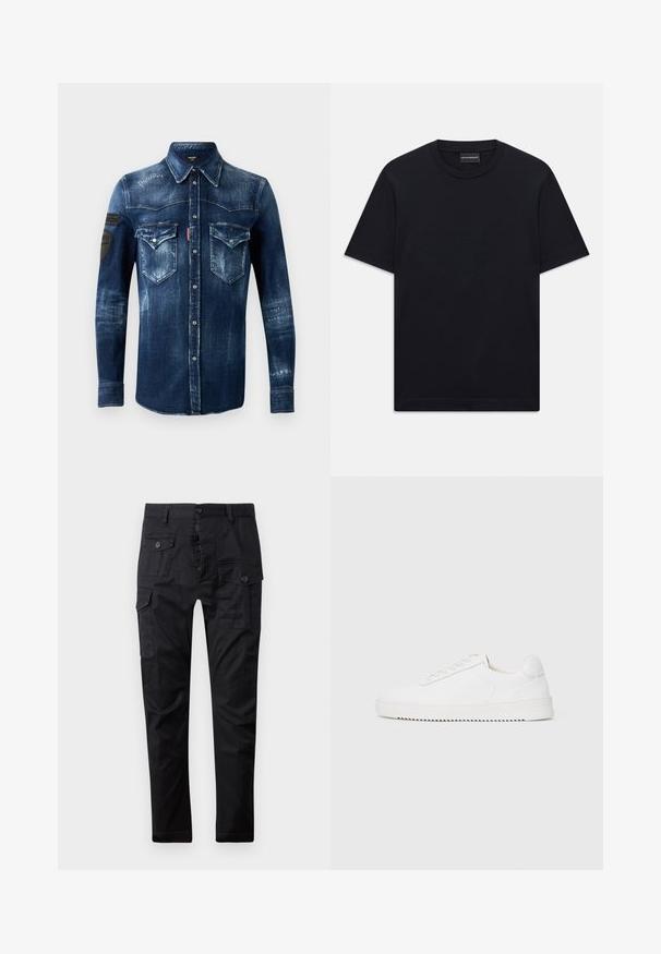 Tumši zila džinsa krekls ar garām piedurknēm, pogu priekšpusi, divām krūšu kabatām ar atloku un nolietojuma detaļām, ar melniem pleķiem kreisajā piedurknē.; Melnas īsām piedurknēm T-krekls ar apaļu kakla izgriezumu, ar smalku iepresētu logotipa dizainu krūšu centrā un zīmola etiķeti apakšā kaklā.; Melnas kravas bikses, izgatavotas no izturīga auduma, ar daudzām kabatām, pogu jostu un taisnu kāju dizainu. Gluda tekstūra un matēta apdare.; Baltas sporta apavi ar gludu ādas virsu, noapaļotu purngalu, auklām, teksturētām sānu akcentiem un biezu gumijas zoli. Minimālists dizains.