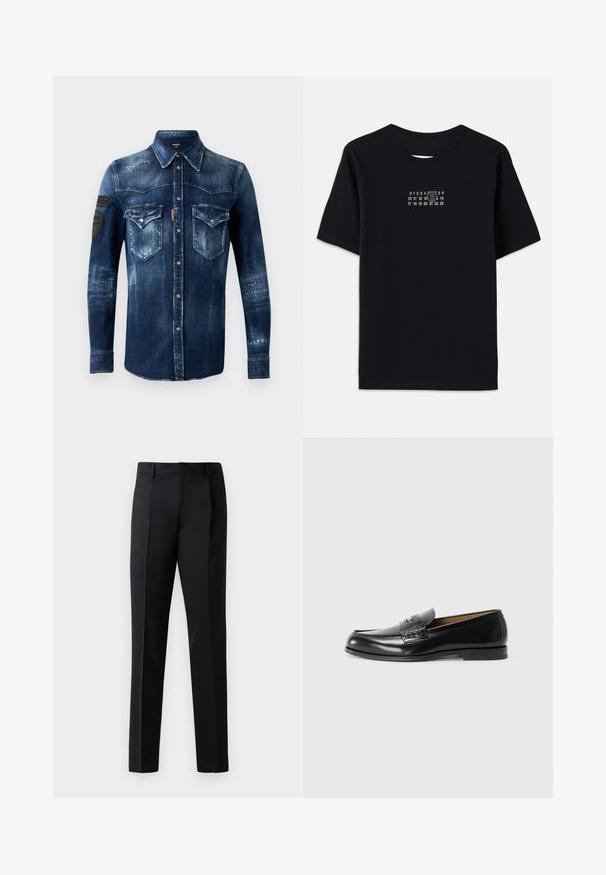 Chemise en jean bleu foncé à manches longues avec fermeture à boutons, deux poches à rabat sur la poitrine et détails usés, dotée de patchs noirs sur la manche gauche.; T-shirt en coton noir à manches courtes et col rond. Présente un imprimé numérique blanc avec un '6' stylisé sur la poitrine.; Pantalons formels noirs en tissu lisse, avec une coupe droite, des plis à l'avant et une taille standard sans embellissements.; Mocassins en cuir noirs avec une finition lisse, bout arrondi, couture décorative et un petit accent métallique à l'avant.