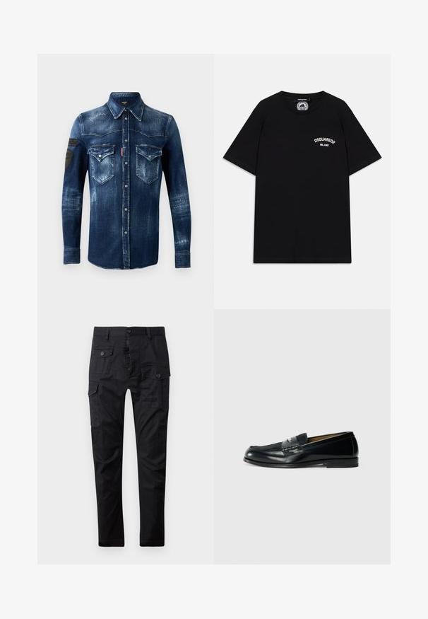 Donkerblauwe spijkerblouse met lange mouwen, knoopsluiting, twee borstzakken met klep en verweringsdetails, met zwarte patches op de linker mouw.; Zwarte katoenen T-shirt met korte mouwen, met een wit "DSQUARED2 MILANO" logo op de borst. Crew neck ontwerp, gladde textuur.; Zwarte cargobroek van duurzaam materiaal, met meerdere zakken, een knoopsluiting en een rechte pasvorm. Soepele textuur en matte afwerking.; Zwarte leren instapper met een gestructureerde bovenkant, gevlochten accent en een gladde afwerking. Lage hak en minimalistisch ontwerp.