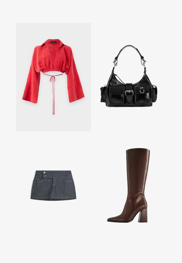 Red cropped blouse made of smooth fabric, featuring a v-neck, long wide sleeves, and a cinched waist with a tie detail at the back.; Dark denim skirt with a high waistband, featuring two front pockets, a button closure, and contrasting stitching along the edges.; Brown knee-high leather boot with pointed toe and chunky mid-height heel shown in side profile on white background.; Black leather handbag with a glossy finish, featuring a central buckle, two front pockets, and a short shoulder strap.