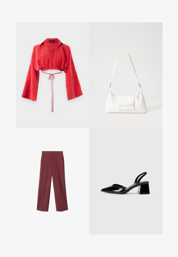 Blouse rouge courte en tissu lisse, avec un décolleté en V, de longues manches larges, et une taille cintrée avec un détail de lien à l'arrière.; Pantalons larges bordeaux avec une texture lisse, dotés de poches latérales et d'une taille haute. Taillés avec un pli avant net.; Escarpins en cuir verni noir avec bout pointu et talon bloc géométrique. Présente un design élégant et minimaliste ainsi qu'une texture lisse.; Sac à main synthétique blanc en forme triangulaire, avec un rabat avant plat et un détail en nœud, une bandoulière ajustable, une texture lisse et un design minimaliste.