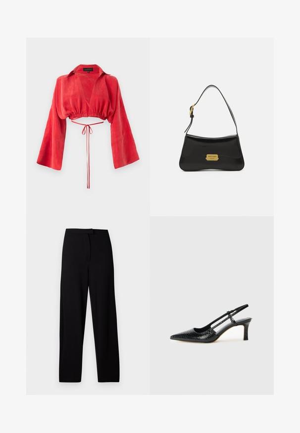 Blusa rossa corta realizzata in tessuto liscio, con scollatura a V, maniche lunghe e larghe, e vita cintrata con dettaglio a fiocco sul retro.; Pantaloni neri a gamba larga realizzati in un tessuto morbido e elastico. Presentano una vita liscia e senza cuciture o tasche visibili. Design semplice e versatile.; Slingback con tacco in vernice nera con punta affusolata, caratterizzato da una stampa a serpente testurizzata, cinturino regolabile e un tacco corto e testurizzato.; Borsa a tracolla in pelle nera con un design curvo, accentuata da una placca del logo dorata e una tracolla sottile. Texture liscia con una finitura elegante.