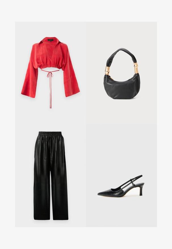 Red cropped blouse made of smooth fabric, featuring a v-neck, long wide sleeves, and a cinched waist with a tie detail at the back.; Black leather wide-leg pants with an elastic waistband, featuring two side pockets and a smooth, shiny texture.; Black patent slingback heel with a pointed toe, featuring textured snake print, adjustable strap, and a short, textured block heel.; Black leather handbag with a round shape, soft texture, and a knotted handle featuring gold-tone hardware accents. Zipper closure.