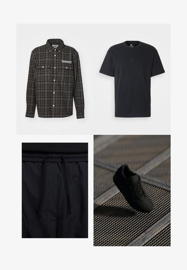 Black and brown checkered flannel shirt with a pointed collar, long sleeves, two chest pockets, and a white logo on the left side.; Nike black cotton t-shirt with a classic crew neck, short sleeves, and a subtle, embossed logo on the chest. Smooth texture.; Black shorts featuring a drawstring waistband, lightweight fabric with a smooth texture, and a simple design without visible logos or patterns.; Black sneaker with a smooth texture, round toe, lace-up front, and subtle branding. Displayed against a textured, industrial background.