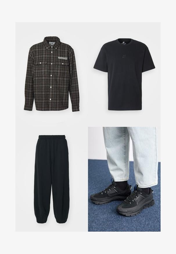 Zwart en bruin geruit flanellen shirt met een puntige kraag, lange mouwen, twee borstzakken en een wit logo aan de linkerkant.; Zwarte katoenen t-shirt van Nike met een klassieke ronde hals, korte mouwen en een subtiele, reliëflogo op de borst. Gladde textuur.; Zwarte, elastiche sweatpants met een losse pasvorm, manchetten aan de enkels, een zachte textuur en zonder zichtbare patronen of hardwareaccenten.; Zwarte sportschoenen met gestructureerde stof en rubberen zolen, met elastische veters en een blauwe accent op de hiel. Draag samen met lichte spijkerbroeken.