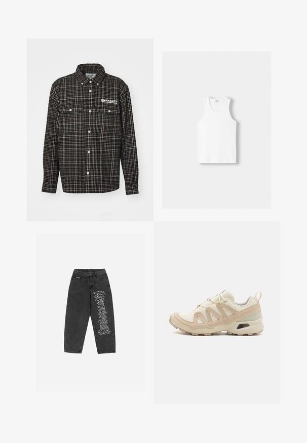 Črna in rjava karirasta flanelasta srajca s ostrim ovratnikom, dolgimi rokavi, dvema žepoma na prsih in belim logotipom na levi strani.; Bela bombažna majica brez rokavov z okroglo izrezom, širokimi naramnicami in ravnim robom, ki se ponaša z gladko teksturo in brez vidnih vzorcev.; Črne denim hlače z visokim pasom in širokimi nogavicami, ki imajo belo grafično vezenje po zunanji nogi. Klasična zasnova s petimi žepi.; Bež in krem športni čevlji z teksturiranim mrežastim zgornjim delom, podpornimi prekrivali in gumijastim podplatom z vzorcem za oprijem.