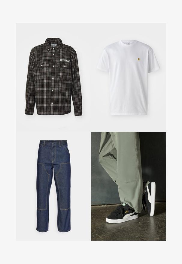 Zwart en bruin geruit flanellen shirt met een puntige kraag, lange mouwen, twee borstzakken en een wit logo aan de linkerkant.; Witte katoenen t-shirt met korte mouwen en ronde hals, voorzien van een klein gouden logo op de linkerkant van de borst. Zachte textuur en een normale pasvorm.; Donkerblauwe denim jeans met een hoge taille, rechte pijpen, contrasterende stiksels en opgestikte zakken aan de voorkant.; Zwarte suède sneakers met witte rubberen zolen en zijstrepen, gecombineerd met lichtgroene cargobroeken, staande op een gestructureerd donker oppervlak.