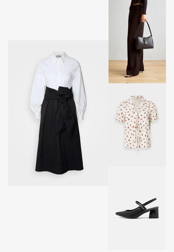 Virágmintás, rövid ujjú blúz tört fehér anyagból, gyűrött textúrával. Elől piros virágokkal és megkötős záródással rendelkezik.; Fehér, hosszú puffujjú, gombos blúz, fekete szoknyával és derékban megkötött szövetövével párosítva, sima pamutból készült.; Fekete lakk bőr, pántos magassarkú cipő, hegyes orral, lekerekített kivágással és tömbsarkal. Arany színű csat díszíti.; Fekete kézi táska strukturált formával, sima textúrával és fémből készült záródással. Széles fekete nadrággal és nyitott orrú szandállal párosítva, fából készült padlón.