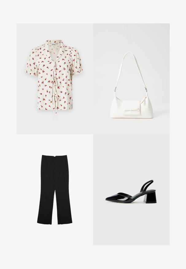 Blommig kortärmad blus i off-white tyg med en krinklad struktur. Har röda blommor och en knytning framtill.; Svarta byxor med rak passform, utrustade med framfickor och sidoklyvningar vid fållen. Tillverkade av mjukt, slätt tyg. Lämpliga för olika tillfällen.; Svarta lackläder slingback klackar med spetsig tå och geometrisk klack. Har en elegant, minimalistisk design och slät yta.; Vit syntetisk handväska med triangulär form, platt framklaff och rosettdetalj, justerbar rem, slät textur och minimalistisk design.