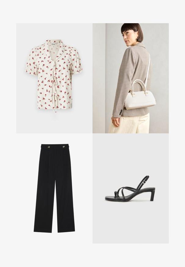 Bluză scurtă cu mâneci, dintr-un material off-white cu textură pliată. Prezintă flori roșii și un sistem de închidere cu fundiță în față.; Pantaloni negri cu picioare largi, talie înaltă, detalii cu butoane pe talie și pliseuri în față.; Sandal cu barete negre, cu vârf pătrat și toc mic de bloc. Prezintă mai multe barete subțiri și o bareta ajustabilă la gleznă. Fabricat din piele netedă.; Geantă structurată albă, cu mânere scurte și curea de umăr, având accente din metal aurit și material texturat, expusă pe un fundal gri.