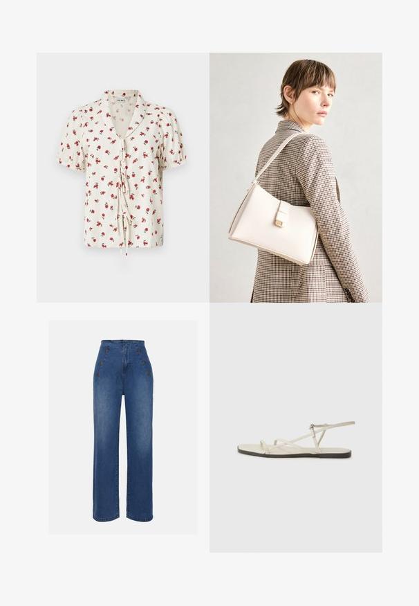 Ziedu īsās piedurknes blūze krēmbaltā audumā ar sagrumbu tekstūru. Iekļauj sarkanas ziedus un siksniņu aizdari priekšpusē.; Augstas jostas denima bikses vidēji zilā krāsā. Iespējas ir priekšējie pogu akcenti un plata kāju dizains. Audumam ir gluda tekstūra ar nelielu nodilumu.; Bežīgas plakanas čības ar vairākiem plāniem siksniņām un regulējamu sprādzi. Zole ir plakana ar nelielu tumšu kontrastu malā.; Balta ādas rokassoma ar strukturētu dizainu, kurai ir magnētiska aizdare un plecu josta, parādīta uz neitrāla fona.