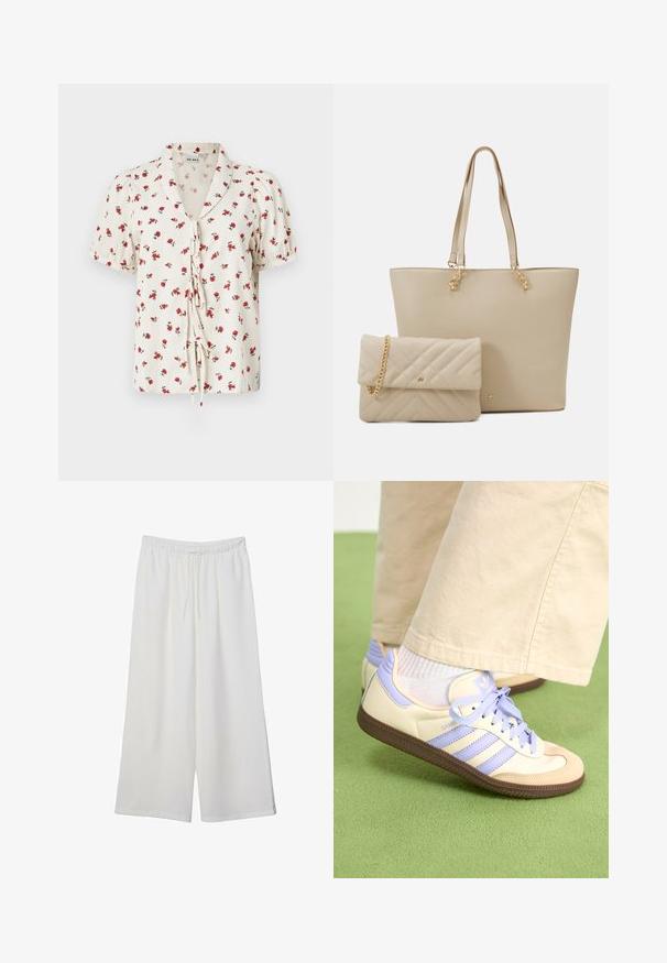 Kvetinová blúzka s krátkym rukávom v off-white farbe s krčenou textúrou. Obsahuje červené kvety a zaväzovanie vpredu.; Biele široké nohavice z ľahkého materiálu s elastickým pásom a šnúrkou na nastavenie veľkosti. Hladká textúra.; Krémovo-fialové tenisky so tromi pruhmi a štruktúrovanou hnedou podrážkou, s šnúrkami a polstrovaným opätkom. Mäkký textilný zvršok.; Bežová taška na plece s plochými uchami, hladkým povrchom a zlatými kovovými detailami, doplnená zladenou prešívanou kabelkou s reťazovou rukoväťou.
