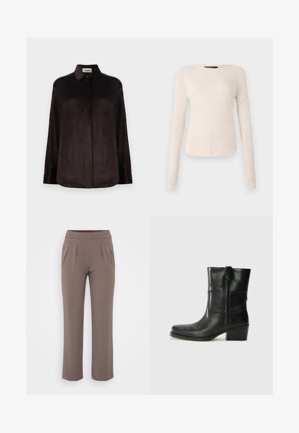 Tumši brūns kordūrādas krekliņš ar garām piedurknēm, apkakli, pogām pie aprocēm un slēptām pogām priekšpusē, izlikts uz baltā fona.; Ilgi piedurkņu, gaiši bēšas krāsas blūze ar apaļu dekoltē. Izgatavota no mīksta auduma, ar centrālo šuvi un nedaudz izliekta apakšmala. Nav redzamu papildus elementu.; Taurī šūšanas brīvās formas bikses ar elastīgu jostasvietu un priekšējiem krokām, izgatavotas no gludas auduma.; Melna ādas potīte ar noapaļotu purngalu, bloku papēdi, sānu rāvējslēdzēju un šuvju akcentiem uz virsmas. Gluda tekstūra, klasiskā dizaina.