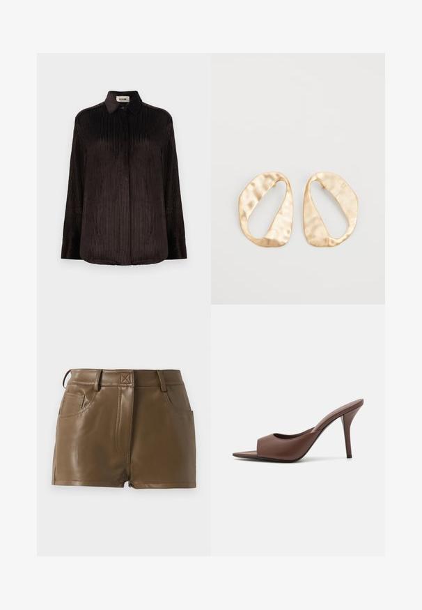 Tumepruunist cordeerist pika varrukaga särk, millel on krae, nööbitavad mansetid ja peidetud nööbid ees, esitatud valgel taustal.; Pruun kunstnahast lühikesed püksid, millel on vormiv disain, vöökohaga, millel on vööaugud, ees olevad taskud ja nähtavad õmbluste detailid.; Pruunid nahast avatud varvastega kõrged kontsad, millel on stiilne disain, laia eesrihma ja peene stilettokontsaga.; Eba paar eba ebaorditud ovaalkujulisi kuldehhe kaal setertu, kerge keersuju pinnaga valgel taustal.