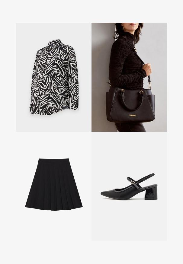 Camisa de botão de manga longa em preto e branco, com um padrão ousado de riscas de zebra, fabricada em tecido suave e com um design de colarinho clássico.; Saia preta plissada feita de tecido texturizado com uma faixa na cintura ajustada. Cai até ao joelho, apresentando uma silhueta suave e limpa.; Sabrinas de cerâmica preta com salto bloco, bico apontado e um design com recortes arredondados. Apresenta um detalhe em fivela de tom dourado.; Bolsa preta com superfície texturizada, alças superiores duplas e alça de ombro ajustável. Apresenta ferragens em tom dourado e bolsos laterais.