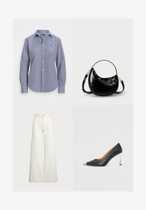 Blue and white striped long-sleeve shirt, featuring a button-down collar, contrasting cuffs, and a small emblem on the chest.; Wide-leg jeans in off-white denim. High-waisted design with a button closure, two front pockets, and contrast stitching details.; Navy leather high heel shoe with a pointed toe, featuring a silver metallic cap and a shiny silver stiletto heel.; Black patent leather handbag with a curved shape, adjustable strap, and gold-tone hardware detail on the side. Smooth, shiny texture.