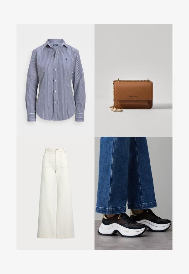 Blue and white striped long-sleeve shirt, featuring a button-down collar, contrasting cuffs, and a small emblem on the chest.; Wide-leg jeans in off-white denim. High-waisted design with a button closure, two front pockets, and contrast stitching details.; Black and gold sneakers with a curved white sole. Textured fabric with logo accents. Paired with wide blue denim pants.; Brown textured leather crossbody bag with gold chain strap and flap closure. Front features logo detail and a pocket under the flap.