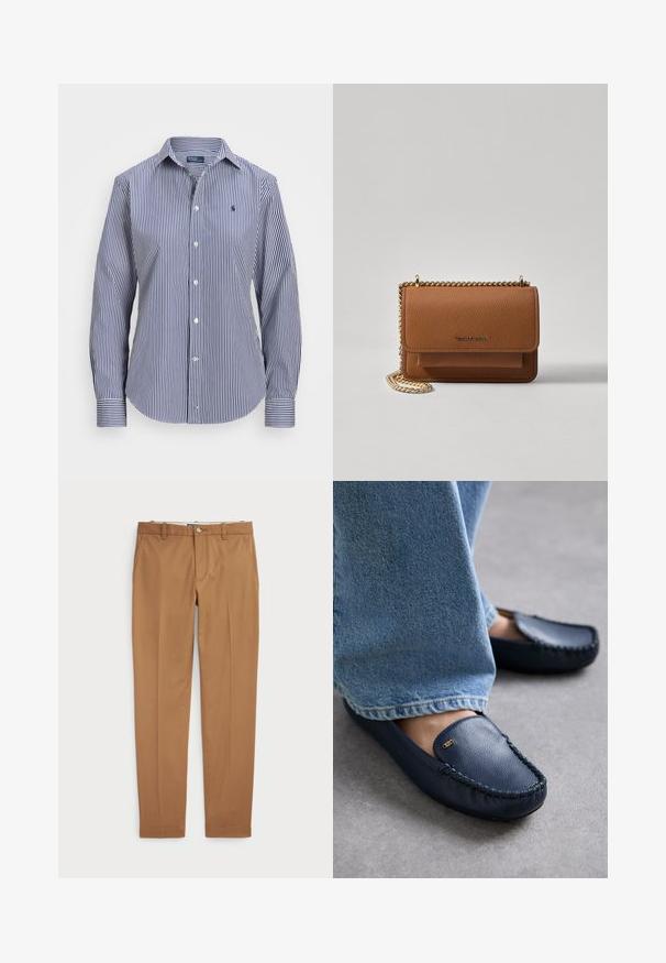 Modrá a bílá pruhovaná košile s dlouhým rukávem, která má límec na knoflíky, kontrastní manžety a malou emblému na hrudi.; Hnědé bavlněné kalhoty s úzkým střihem, plochým předním dílem a standardními kapsami; hladký povrch a lemované manžety.; MICHAEL Michael Kors EVE - Mokasíny - navy; Hnědá texturovaná kožená kabelka přes rameno se zlatým řetízkovým popruhem a klopnovým uzavíráním. Přední strana obsahuje detail loga a kapsu pod klopou.