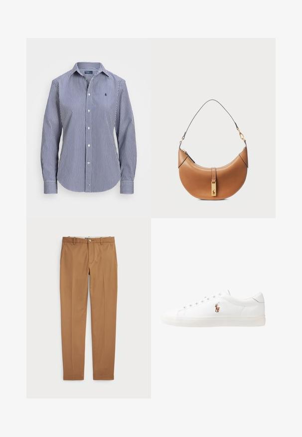 Sininen ja valkoinen raidallinen pitkähihaisuus paita, jossa on nappikaulus, kontrastiväriset hihansuut ja pieni emblem rintataskussa.; Ruske puuvillapüksid kitsas lõikega, siledad ees ja tavalised taskud; sile tekstuur ja äärekasutusega varrukad.; Valkoiset nahkakengät, matala malli, jossa on sileä pinta, pyöreä kärki, nauhakiinnitys edessä ja pieni brodeerattu logo sivulla.; Vaaleanruskea nahkainen käsilaukku, jossa on kaareva muoto, kultaiset metalliosat ja ohut olkahihna. Varustettu vetoketjulla ja logolla edessä.