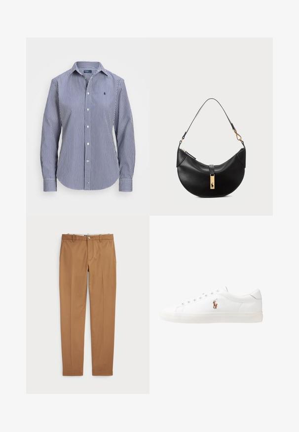 Mėlynos ir baltos dryžuotos ilgos rankovės marškiniai, su mygtukų uždarymu, kontrastingais rankogaliais ir maža emblema ant krūtinės.; Rudos medvilnės kelnes su siauru siluetu, lygiu priekiu ir standartinėmis kišenėmis; sklandžios tekstūros ir apkarpytais rankogaliais.; Baltos odinės sportbačiai, žemo profilio, su lygia tekstūra, apvalia nosimi, raištelių sistema priekyje ir mažyte siuvinėta logo šone.; Juodos odos rankinė pusmėnulio forma. Papuošta auksinėmis detalėmis ir siaura juosta. Lygi tekstūra, užtrauktuko uždarymas viršuje.