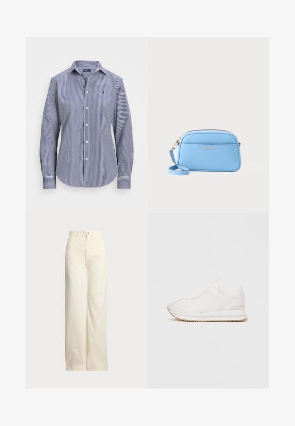 Maglietta a maniche lunghe a righe blu e bianche, con colletto button-down, polsini a contrasto e un piccolo emblema sul petto.; Polo Ralph Lauren COTTON CORDUROY WIDE-LEG PANT - Pantaloni - warm white; Sneaker bianca bassa con lacci, suola ammortizzata e suola in gomma beige su sfondo semplice.; Borsa a tracolla in pelle azzurro chiaro con dettagli in metallo oro, chiusura con zip e tasca frontale. Presenta un tracolla regolabile per maggiore comodità.