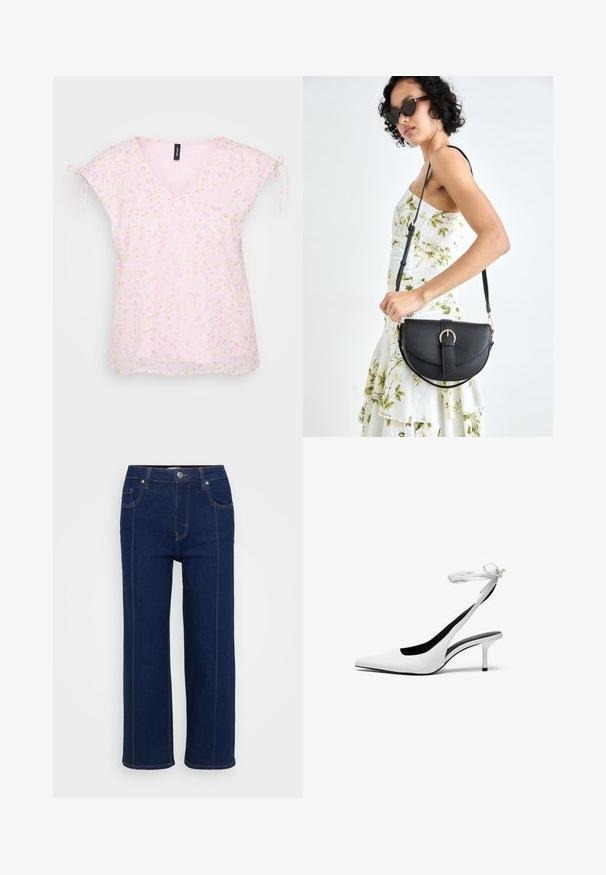 Blouse à imprimé floral, manches courtes avec liens, décolleté en V, tissu léger rose avec des fleurs jaunes et violettes, ourlet droit.; Jeans droit bleu marine avec fermeture à bouton, poches avant et arrière, et coutures orange visibles le long des coutures.; Talons aiguilles blanches à bout pointu avec une fine sangle à la cheville. Matériau en cuir lisse, talon aiguille fin et doublure intérieure noire.; Sac à main en cuir noir avec une forme courbée, bandoulière amovible et des accessoires en or. Le sac est doté d'un rabat avec un détail de boucle.