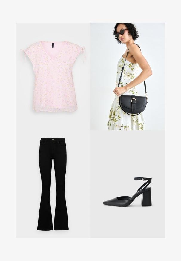 Blusa com estampa floral, mangas curtas com laços, decote em V, tecido leve em rosa com flores amarelas e roxas, barra reta.; Jeans pretos de cintura alta com fecho de botão e zíper, bolsos frontais e pernas largas dispostos em cima de um fundo branco.; Sandal com biqueira afilada em couro preto, com cinta no tornozelo e salto grosso. Textura lisa, design elegante e estética minimalista.; Bolsa de couro preta com forma curva, alça destacável e detalhes em dourado. A bolsa possui uma aba com detalhe de fivela.