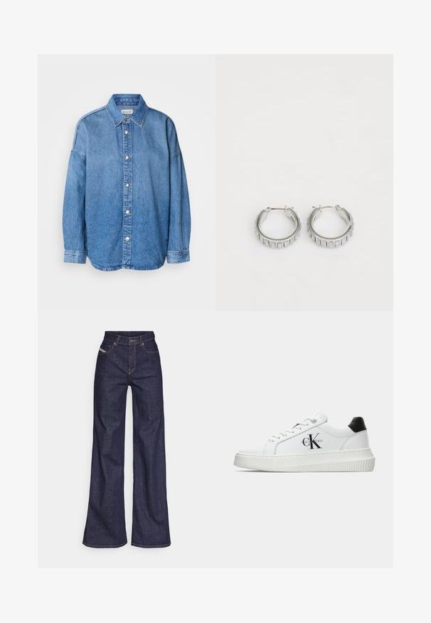 Light blue denim shirt with a collared neck, long sleeves, and silver buttons, centered on a white background.; Dark blue wide-leg jeans in denim fabric with a high waist, featuring orange stitching, five-pocket design, and a button closure.; White low-top sneaker with black heel tab, platform sole, laces, and Calvin Klein "CK" logo on the side.; Silver hoop earrings with a textured design featuring vertical ridges. Circular shape with a secure latch closure. Smooth finish.