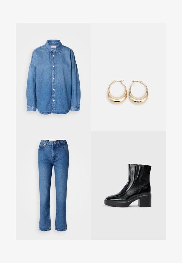 Camicia in denim blu chiaro con colletto, maniche lunghe e bottoni argentati, centrata su uno sfondo bianco.; Jeans in denim blu con taglio dritto, dotati di un classico design a cinque tasche, cuciture arancioni e chiusura con bottone.; Stivali alla caviglia in pelle verniciata nera con punta curva, pannelli laterali elasticizzati e tacco robusto. Presentano un logo impresso sul retro.; Orecchini a cerchio tonalità oro con forma a mezzaluna, superficie lucidata e chiusura a cerniera. La texture liscia e la finitura riflettente migliorano la visibilità.