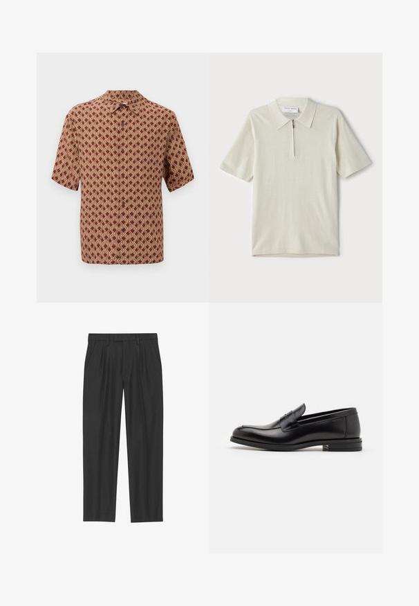 Kurzarmhemd in Burgunderrot mit einem aufwändigen cremefarbenen geometrischen Muster. Mit Kragen und Knöpfen vorne zum Verschließen.; Kurzärmliges Poloshirt in hellbeige mit Reißverschlusskragen. Hergestellt aus glattem Stoff, bietet es ein einfaches, modernes Design ohne Muster.; Schwarze, plissee Hosen aus einem glatten Stoff; mit einem Bund und Gürtelschlaufen sowie geradem Beinausschnitt. Minimalistisches Design ohne Muster.; Schwarze Lederloafers mit glatter Textur, rundem Zehenbereich und einem dekorativen Riemen über dem Vorderfuß. Niedriger, gestapelter Absatz, minimalistisches Design.