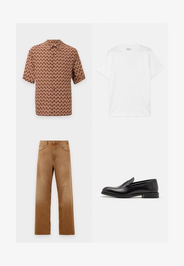 Cămașă cu mânecă scurtă de culoare burgundă, cu un model geometric complex de crem. Design cu guler și butoane pe partea din față pentru închidere.; Tricou alb din bumbac, cu guler rotund, mâneci scurte și un logo subtil imprimat pe față. Textură netedă și design simplu.; Jeans largi din denim maro cu talie înaltă, având două buzunare frontale, închidere cu nasture și o textură subtilă. Fără modele sau accente vizibile.; Mocasini din piele neagră cu o textură netedă, vârf rotund și o curea decorativă peste partea superioară. Toc mic, design minimalist.