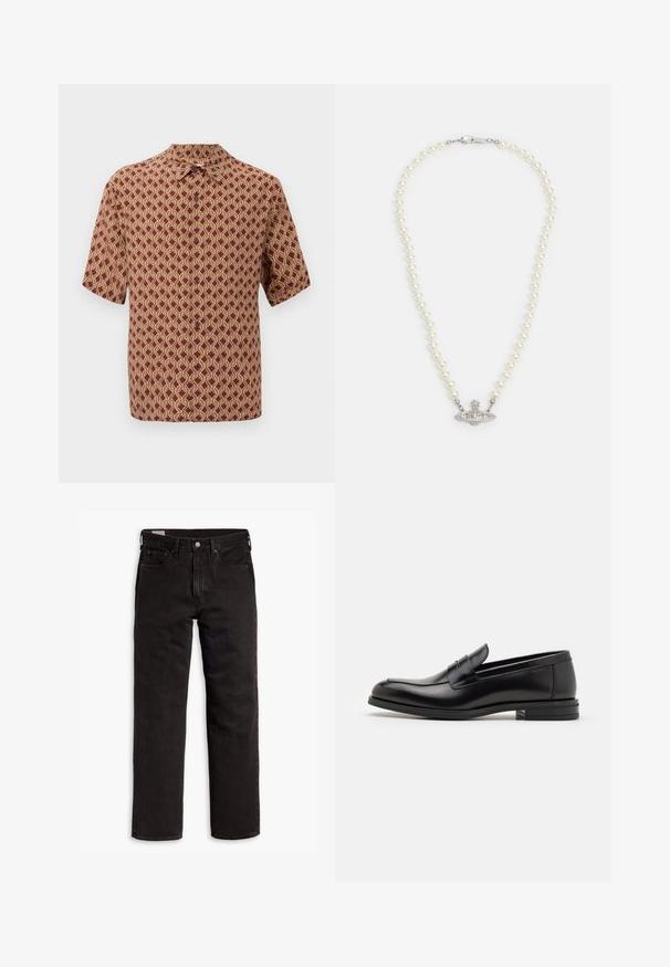 Camicetta a maniche corte in bordeaux con un intricato motivo geometrico crema. Design con colletto e bottoni lungo la parte anteriore per la chiusura.; Jeans in denim neri a gamba dritta con cinque tasche, chiusura a bottone e passanti per cintura, adagiati su uno sfondo bianco.; Mocassini neri in pelle con una texture liscia, punta arrotondata e una striscia decorativa sulla tomaia. Tacco basso impilato, design minimalista.; Collana di perle con chiusura in tono argento. Caratterizzata da perle bianche rotonde e un centro decorativo impreziosito da strass.