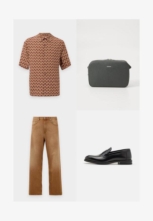 Tričko s krátkým rukávem v burgundské barvě s jemným krémovým geometrickým vzorem. Náprsní límec a knoflíky po celé délce pro zapínání.; Hnědé denimové kalhoty širokého střihu s vysokým pasem, obsahující dvě přední kapsy, zapínání na knoflík a jemnou texturu. Žádné viditelné vzory nebo akcenty.; Černé kožené polobotky s hladkou texturou, zaoblenou špičkou a zdobným páskem přes nárt. Nízký stohovaný podpatek, minimalistický design.; Černá texturovaná obdélníková kabelka přes rameno se stříbrným dvojitým zipem a malým logem "Sandro" ve středu na přední straně.