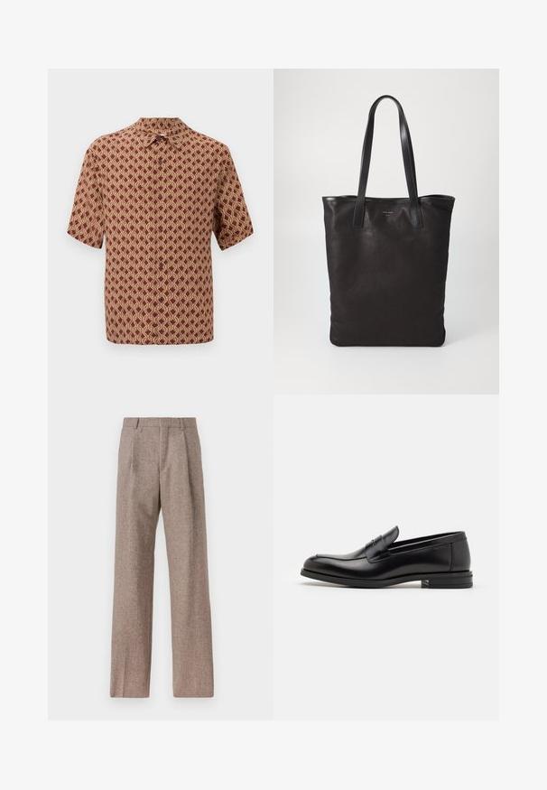 Burgundia lühikeste varrukatega särgile on toodud peen kreemjas geomeetriline muster. Krae disain ning nööbid ees, mis teenivad sulgemiseks.; Prunnid, kõrge vöökohaga püksid, mis on valmistatud tekstureeritud kangast. Omavad laiu jalgu ja kahte eesmist voldikut struktuuri jaoks. Korralik viimistlus, ilma nähtava riistvarata.; Mustad mustad nahast loafers sileda tekstuuriga, ümarat ninaosa ja dekoratiivne riba vampi üle. Madal kihiline konts, minimalistlik disain.; Mustmust kott mustade nahkade käepidemetega. Lihtne disain, avar keha ja sile tekstuur. Pole nähtavaid logosid ega mustreid.