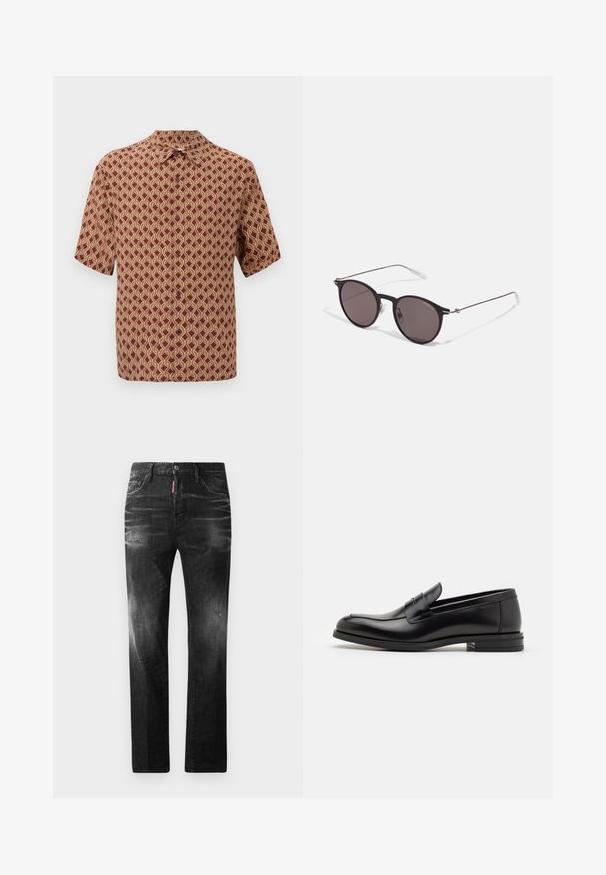 Tričko s krátkým rukávem v burgundské barvě s jemným krémovým geometrickým vzorem. Náprsní límec a knoflíky po celé délce pro zapínání.; Černé džíny z denimu se rovnými nohavicemi. Obsahují vybledlé oblasti, drobné poškození, klasický pětikapsový design a zapínání na knoflík.; Černé kožené polobotky s hladkou texturou, zaoblenou špičkou a zdobným páskem přes nárt. Nízký stohovaný podpatek, minimalistický design.; Černé kulaté sluneční brýle s tmavými skly a tenkými kovovými nohami. Obsahují průhledné koncovky nožiček a stříbrné akcenty na pantu. Minimalistický design.